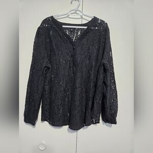 Torrid Black Lace Blouse Size 2 (2X) Sheer Floral Button Front Boho Top